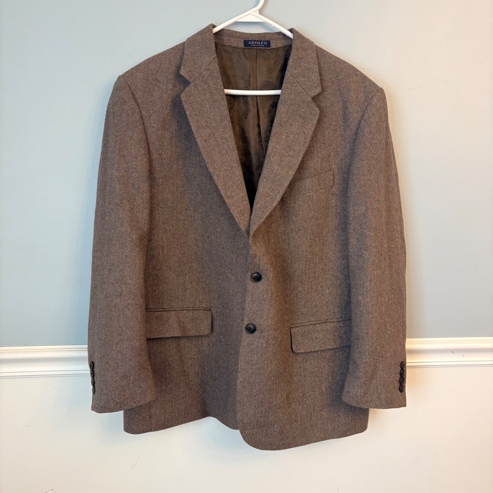 Adolfo Mens 44 Short Brown Herringbone 100% Lambswool Blazer Sport Coat Jacket